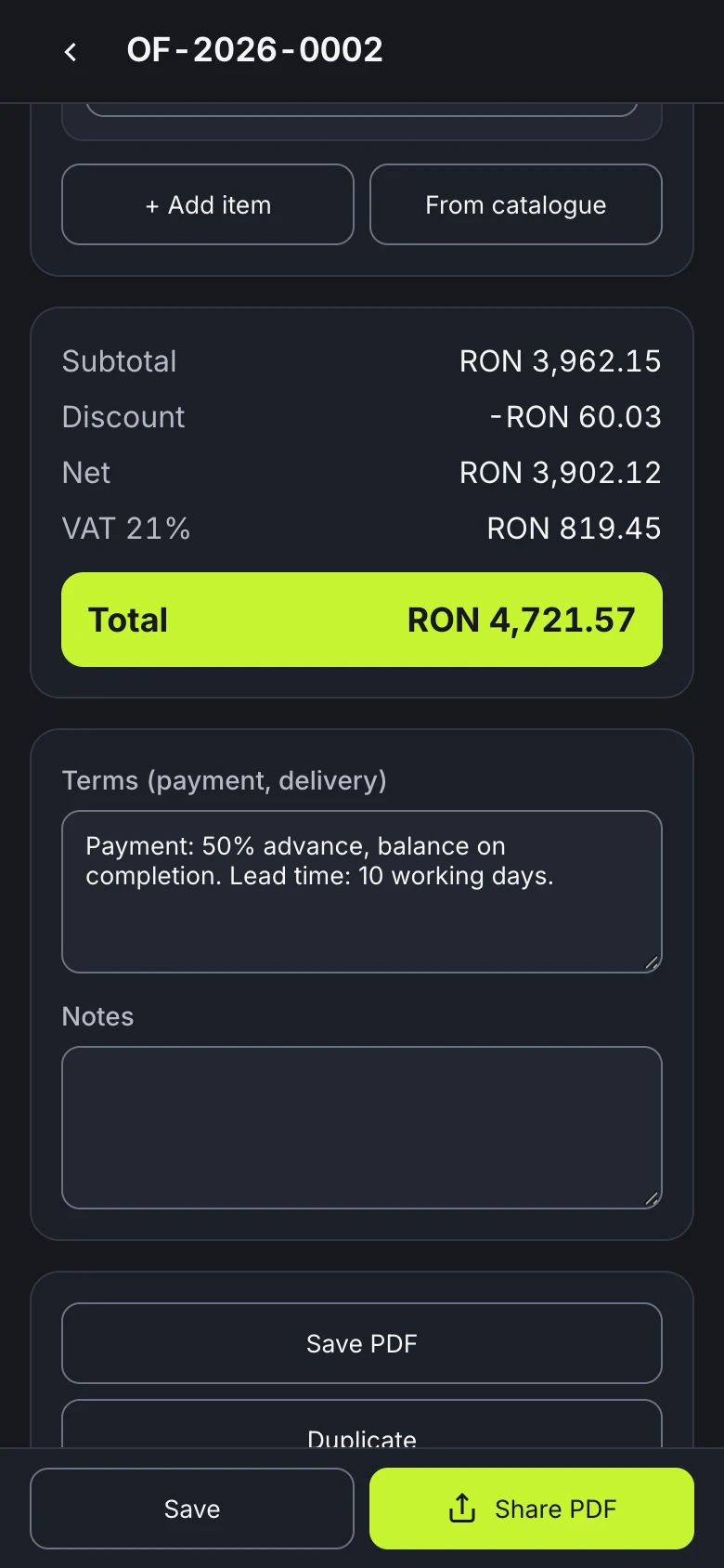 TAI Quote on a phone: the totals of a sample quote — subtotal RON 3,962.15, discount, net, VAT 21% and the total, RON 4,721.57