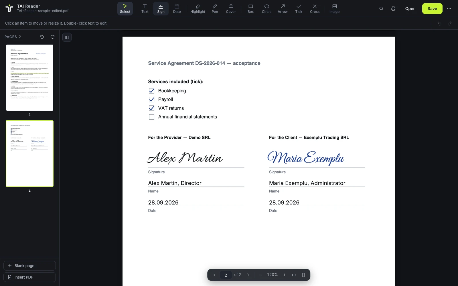 TAI Reader with a sample contract: ticked services, two signatures, names and dates